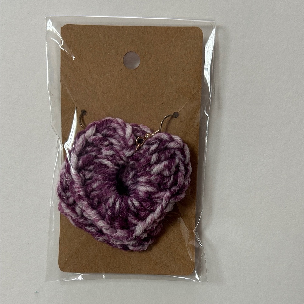 Handcrafted Purple and White Crochet Heart Earrings